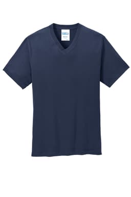 A navy blue V-neck cotton t-shirt with short sleeves and a logo on the label.