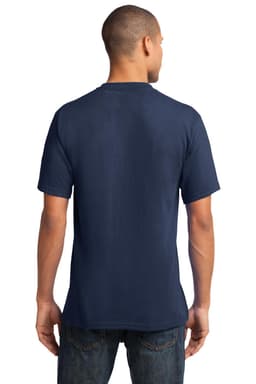 A navy blue V-neck t-shirt viewed from the back, featuring a logo on the neck area.