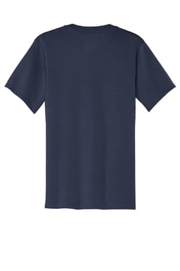 A navy blue Port & Company Core Cotton V-Neck Tee featured from the back, with a simple design and a branding logo.