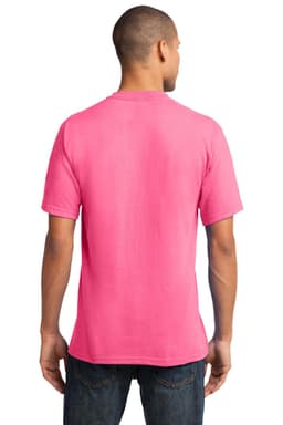 A man wearing a pink Port & Company Core Cotton V-Neck Tee, viewed from the back.