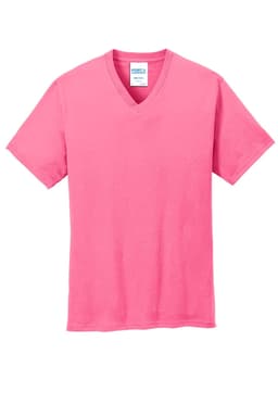 A pink V-neck t-shirt made of cotton, featuring a label and a logo at the neck.