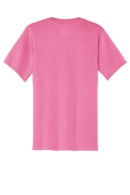 A pink Port & Company Core Cotton V-Neck Tee featuring short sleeves and a simple design, displaying a logo on the back.
