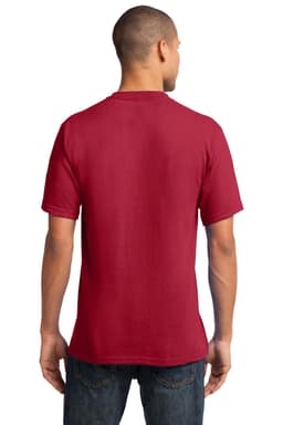 A man wearing a red Port & Company Core Cotton V-Neck Tee, viewed from the back. The shirt features a logo.