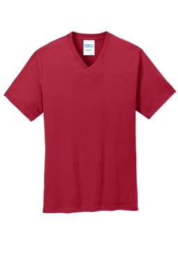 A red Port & Company Core Cotton V-Neck Tee featuring a logo on the label.