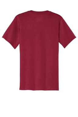A burgundy v-neck t-shirt with short sleeves and a plain back, featuring a logo on the label.