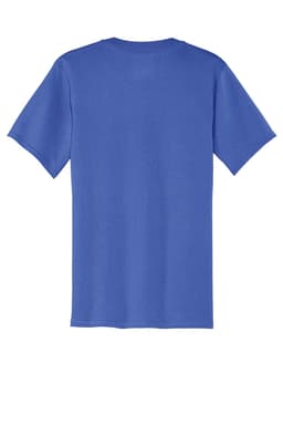 A blue Port & Company Core Cotton V-Neck Tee featuring a plain back and short sleeves. It has a brand logo.