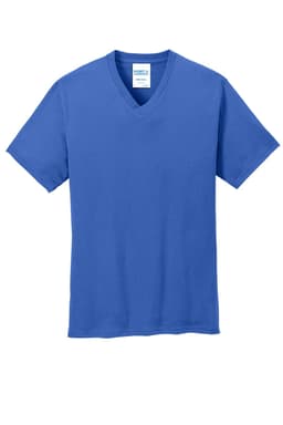A blue V-neck T-shirt made of cotton, featuring a label and a simple design.
