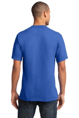 A blue Port & Company Core Cotton V-Neck Tee viewed from the back, showcasing its simple design and fit.