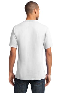 A man wearing a white V-neck T-shirt, viewed from the back, featuring a logo.