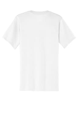 A white V-neck T-shirt with short sleeves and a plain back. The shirt has a small logo on the side.