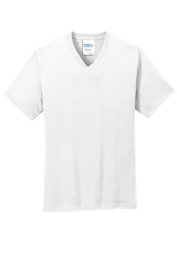 A white v-neck t-shirt with short sleeves, featuring a label and a logo on the inside.