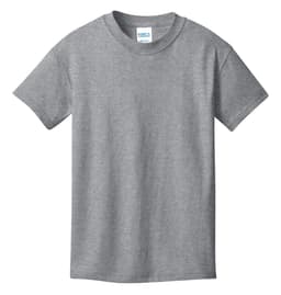 A grey youth t-shirt with short sleeves and a crew neck, featuring a logo on the label.