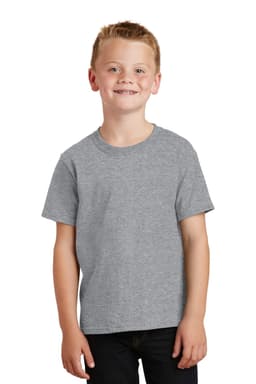 A grey youth T-shirt featuring a round neckline and short sleeves, displayed on a child. The shirt has a logo.