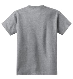 A grey youth t-shirt with short sleeves, featuring a plain back and a small logo at the neck.