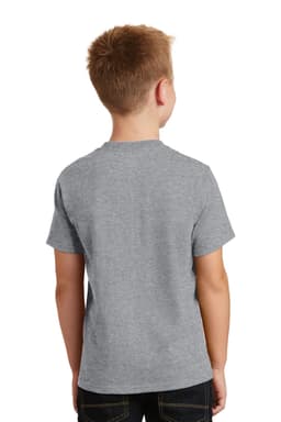 A grey youth t-shirt with short sleeves, featuring a logo on the back.