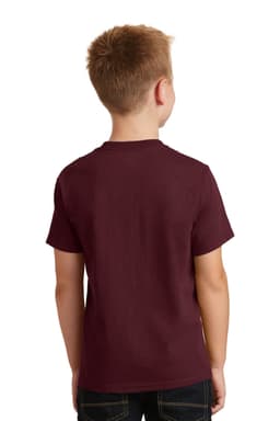 A maroon youth cotton t-shirt with short sleeves and a simple design, featuring a branding logo.