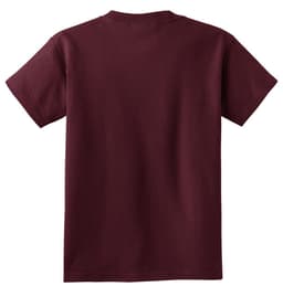 A maroon youth T-shirt with a classic crew neck and short sleeves, featuring a logo on the back.