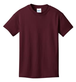 A maroon youth T-shirt with a round neck and short sleeves, featuring a brand logo.
