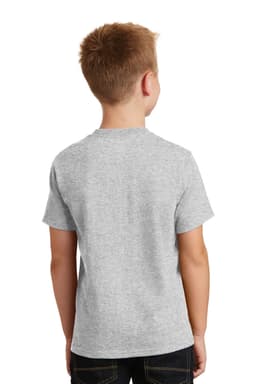 A youth grey cotton t-shirt viewed from the back, featuring short sleeves and a plain design.