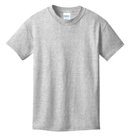 A light grey youth cotton t-shirt featuring a round neck and short sleeves, with a logo on the label.