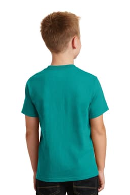 A turquoise youth t-shirt featuring short sleeves and a plain design, viewed from the back.