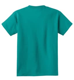 A youth t-shirt in teal with a plain back, featuring a logo on the neckline.