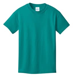 A teal youth T-shirt with a classic crew neckline and short sleeves, featuring a branding label inside.