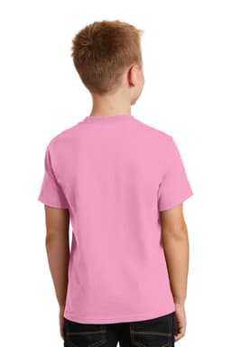 A youth cotton t-shirt in pink, featuring a logo on the back, with short sleeves and a classic fit.