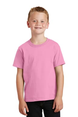 A youth pink cotton T-shirt displayed on a smiling child, featuring short sleeves and a round neckline.
