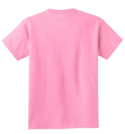 A pink youth t-shirt featuring a plain back design and a logo.