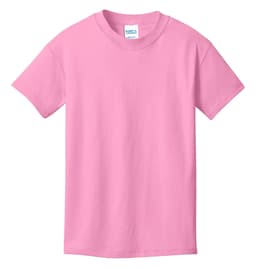 A pink youth t-shirt featuring a crew neck and short sleeves, with a brand logo.