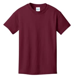 A maroon youth t-shirt with a round neck and short sleeves, featuring a logo on the label.