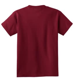 A maroon youth t-shirt with short sleeves and a simple back design. The shirt has a logo.