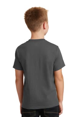 A grey youth t-shirt from Port & Company, featuring a round neck and short sleeves, with a logo on the back.