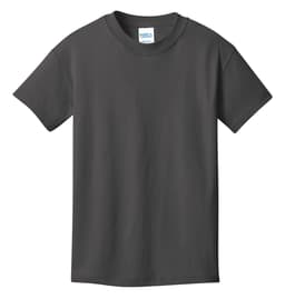 A grey youth T-shirt with short sleeves, featuring a logo on the label.