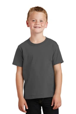 A grey youth t-shirt displayed on a smiling boy, featuring a simple design and short sleeves.