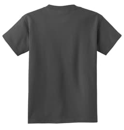 A dark grey youth t-shirt with short sleeves and a plain back design. It features a logo at the neck area.
