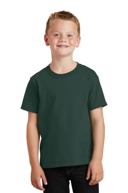A green youth t-shirt displayed on a smiling child, featuring a plain design. The shirt has a logo.
