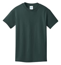 A dark green youth t-shirt featuring short sleeves and a crew neck, with a logo on the label.