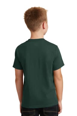 A youth t-shirt in dark green, viewed from the back, featuring a logo on the neckline.