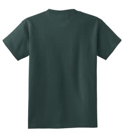 A dark green youth cotton t-shirt featuring a plain back design. It includes a brand logo on the fabric.