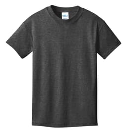 A grey youth t-shirt with a classic crew neck and short sleeves, featuring a logo on the label.