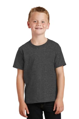 A smiling boy wearing a grey youth t-shirt with short sleeves and a round neckline, standing against a white background.