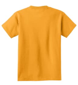 A yellow youth T-shirt with a plain back, featuring a logo on the collar.