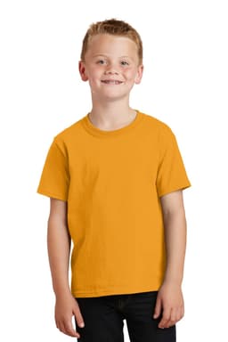A youth t-shirt in vibrant golden yellow, featuring a classic design and a logo on the front.