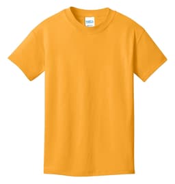 A youth t-shirt in bright yellow, featuring a logo on the label and a classic crew neck design.