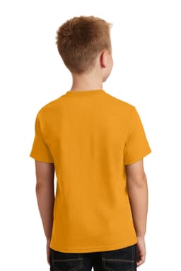 A youth t-shirt in bright yellow, featuring a classic crew neck and short sleeves, with a logo on the back.
