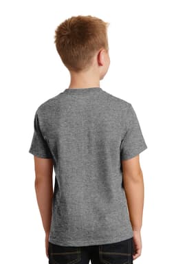 A grey youth t-shirt with short sleeves, featuring a logo on the back. Designed for casual wear.
