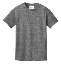 A grey youth t-shirt with short sleeves and a simple design. It features a logo on the label.