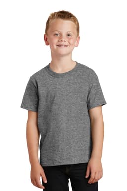 A youth grey cotton t-shirt displayed on a smiling child, featuring a plain design and short sleeves.